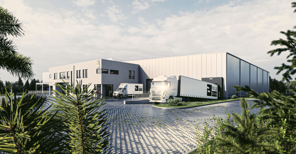 Wizualizacja hali dla producenta drzwi przeciwpożarowych z placem manewrowym i samochodami dostawczymi