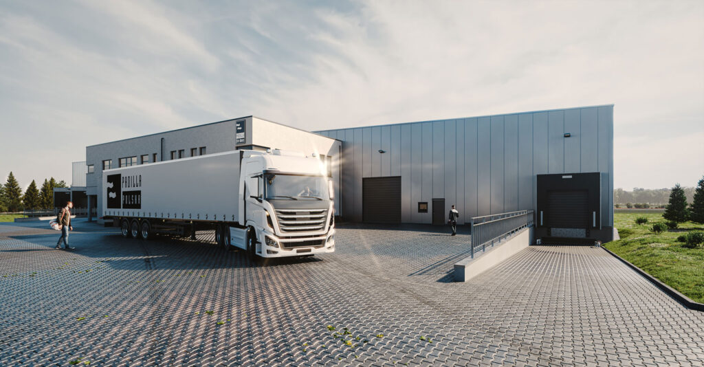 Wizualizacja strefy załadunku przy hali producenta drzwi przeciwpożarowych z ciężarówką i pracownikami