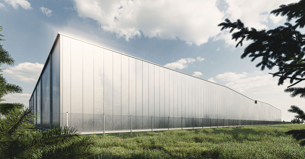 Wizualizacja bocznej elewacji hali dla producenta drzwi przeciwpożarowych otoczona zielenią