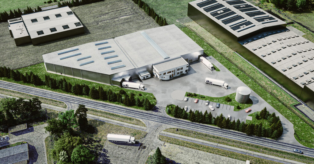 Wizualizacja widoku z lotu ptaka na halę producenta drzwi przeciwpożarowych z infrastrukturą logistyczną i otoczeniem