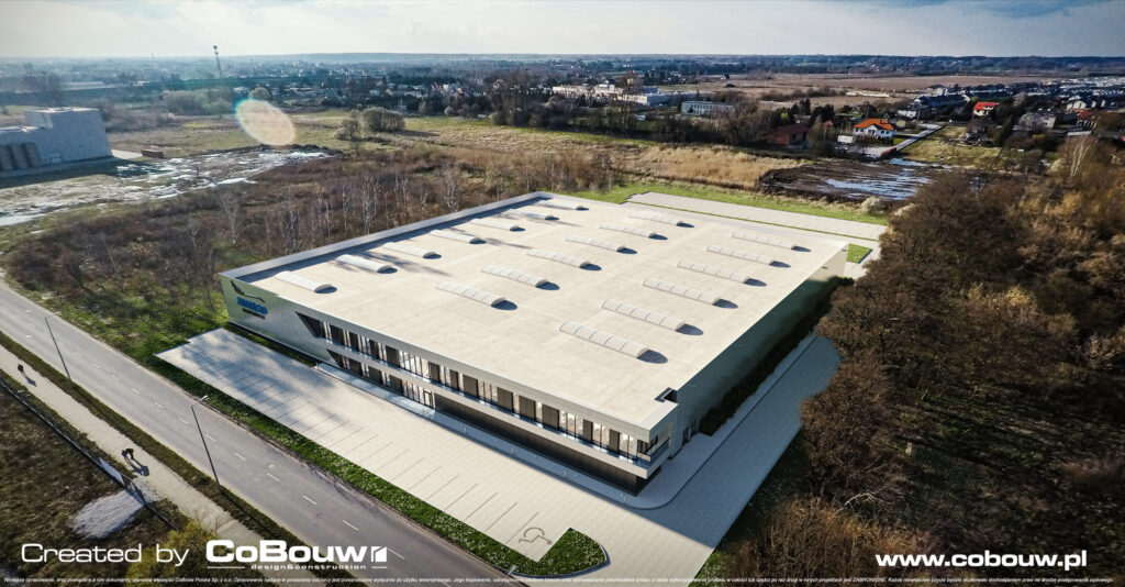 hala produkcyjno-magazynowa dla nimrod azura z lotu ptaka