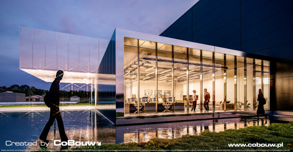 Sanibell wizualizacja, zbliżenie na część wystawienniczo-biurową, widok nocny - magazyn dla producenta mebli łazienkowych, Sanibell, Ostrów Wielkopolski, woj. wielkopolskie