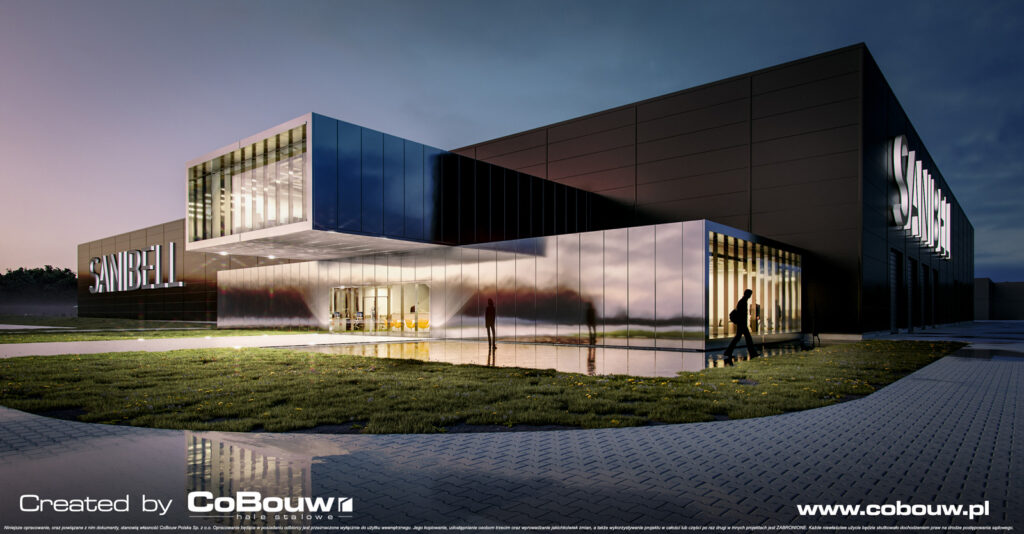 wizualizacja inwestycji Sanibell - magazyn z częścią biurowo-wystawienniczą, w Ostrowie Wielkopolskim, woj. wielkopolskie