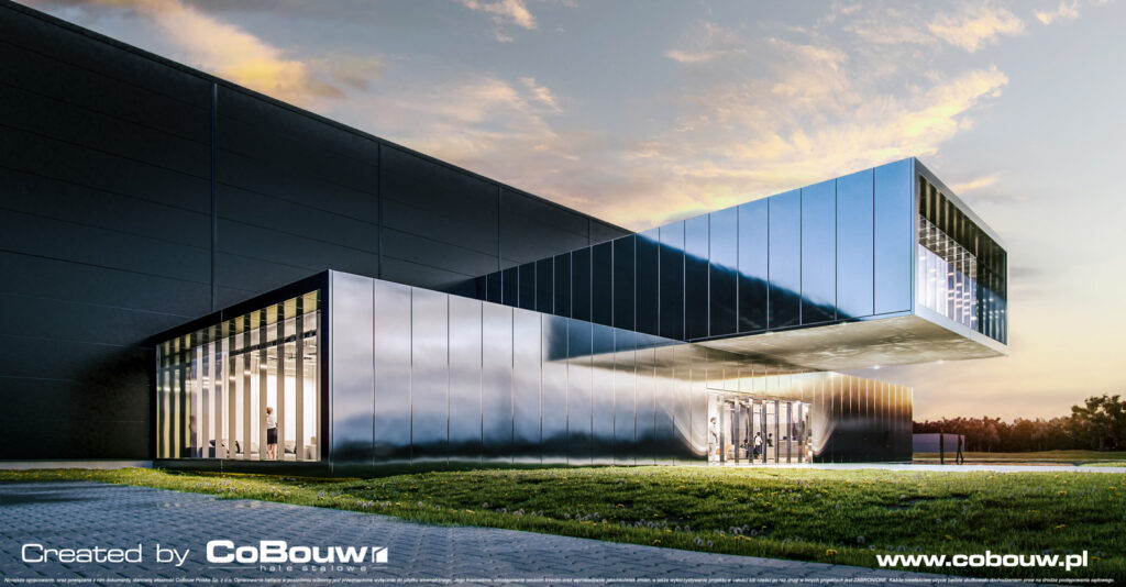 część wystawienniczo-biurowa o zmierzchu, wizualizacja - hala magazynowa, dla Sanibell BV, Ostrów Wielkopolski, woj. wielkopolskie