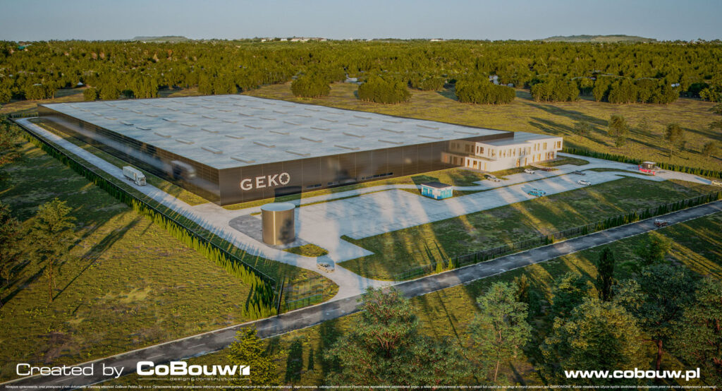 Wizualizacja centrum logistycznego, widok z lotu ptaka - centrum dystrybucyjne produktów marki Geko, Radomsko, w woj. łódzkim