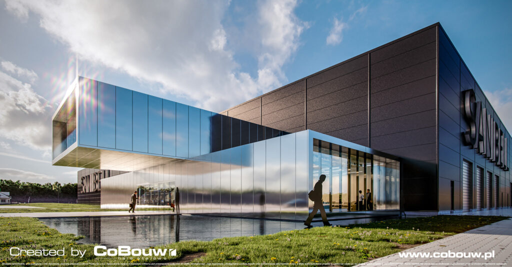 widok na wejście główne do części biurowej, wizualizacja - inwestycja dla holenderskiej firmy Sanibell, Ostrów Wielkopolski, woj. wielkopolskie