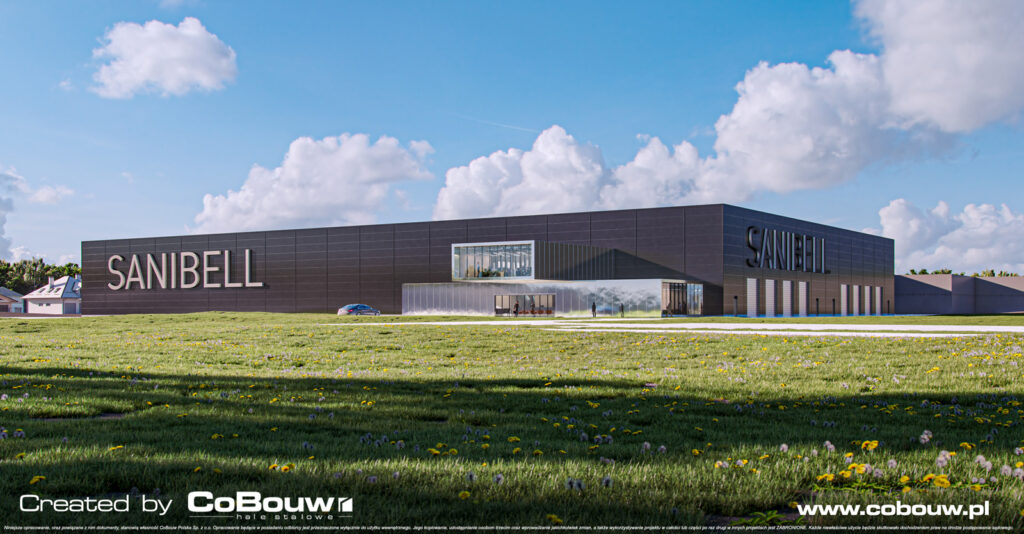 widok od strony hali, wizualizacja - magazyn mebli łazienkowych, projekt i budowa dla Sanibell BV, przez CoBouw Polska