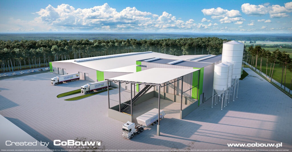 wizualizacja widoku z lotu ptaka, rozbudowa inwestycji Liedmann - zakład produkcji nawozów mineralnych, w Krzeczowie, woj. łódzkie, projekt i budowa CoBouw Polska