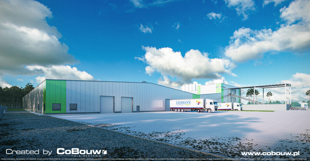 widok na nową halę Liedmann, wizualizacja - kompleks produkcyjno-magazynowy, z budynkiem biurowym, Krzeczów, woj. łódzkie