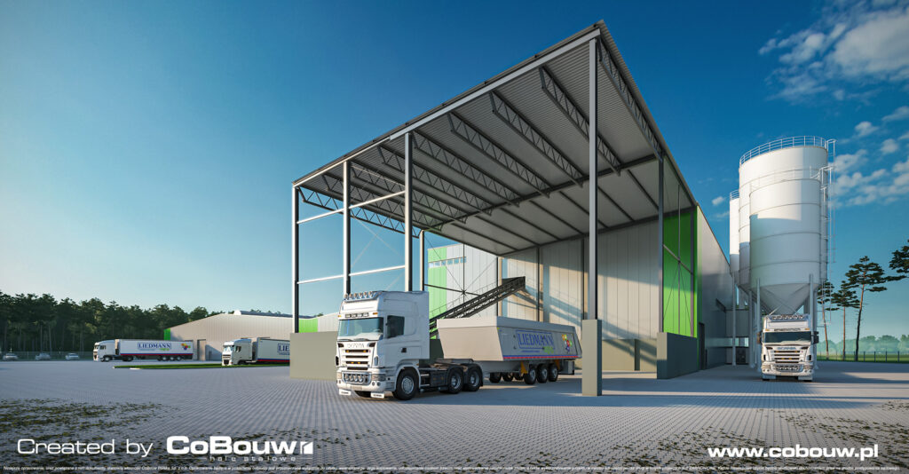 widok na zadaszenie przy hali, wizualizacja - zakład produkcji nawozów mineralnych, Liedmann, Krzeczów, w woj. łódzkim