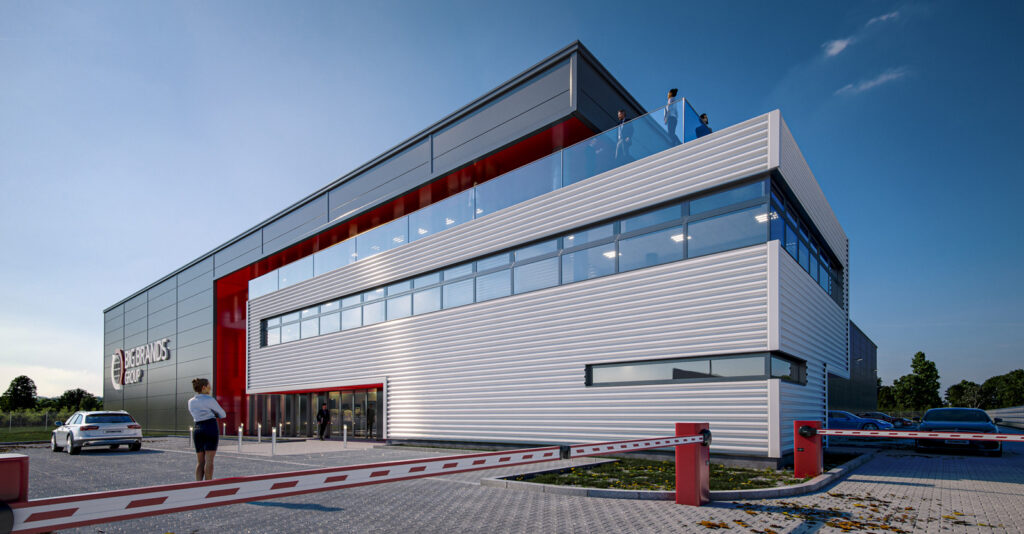 wizualizacja inwestycji dla firmy Big Brands Group, zbliżenie na część socjalno-biurową - hala magazynowa dla firmy z branży handlowej, Big Brnds Group, woj. mazowieckie