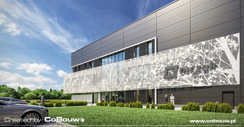 panel dekoracyjny na elewacji, zbliżenie, wizualizacja - obiekt magazynowy z halą łącznika i biurowcem, o powierzchni 9.000 m2, dla Thale, woj. warmińsko-mazurskie