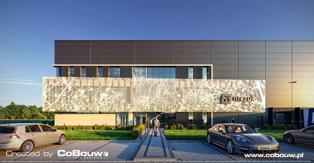 zbliżenie, wejście główne, wizualizacja - projekt i budowa hali magazynowej z budynkiem biurowym, dla Thale (Niczuk), w Wilimowie, pod Olsztynem