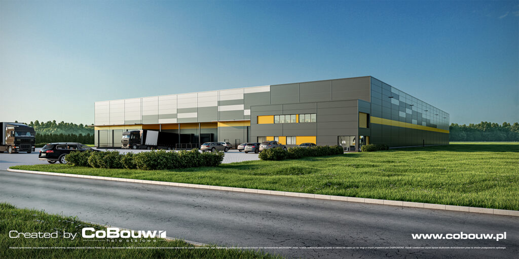 wizualizacja inwestycji realizowanej dla firmy PLS ONE - hala magazynowa dla branży logistycznej, generalne wykonawstwo, w województwie podkarpackim