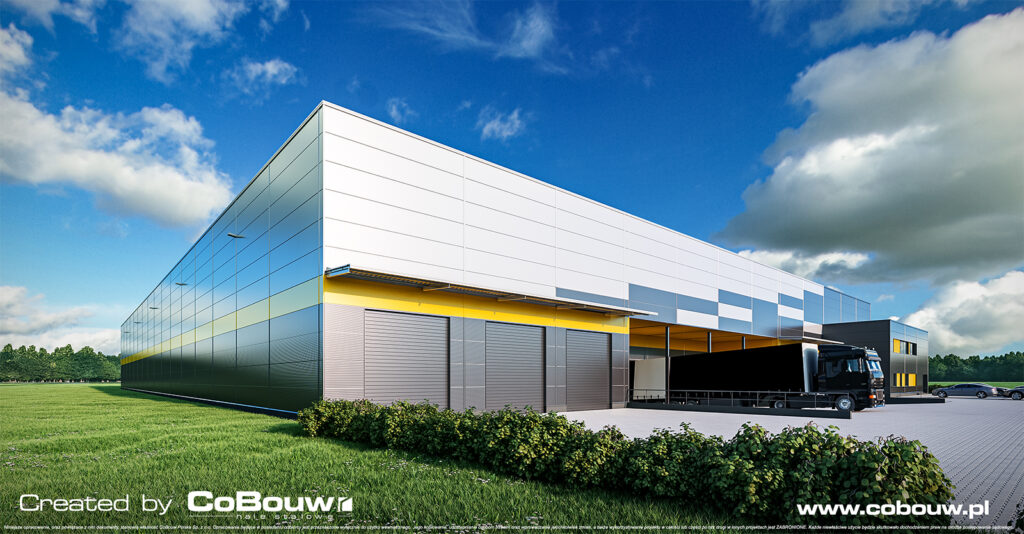 widok od strony doków, wizualizacja - hala magazynowa z częścią socjalno-biurową, w Boguchwale, w woj. podkarpackim