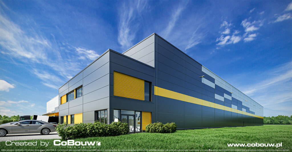 wizualizacja hali dla PLS ONE - budowa pod klucz, przez CoBouw Poslka, Boguchwała, woj. podkarpackie