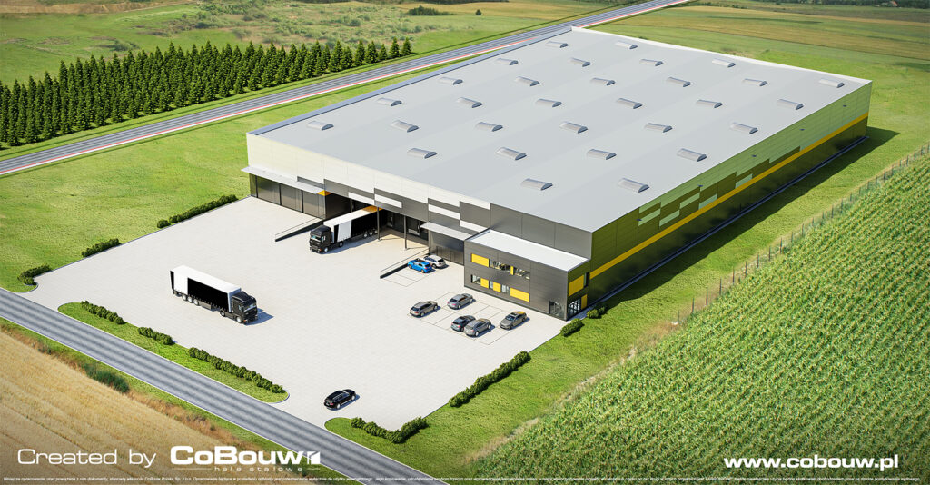 widok z góry na inwetsycję PLS ONE, wizualizacja - hala magazynowa dla branży logistycznej, Boguchwała, woj. podkarpackie