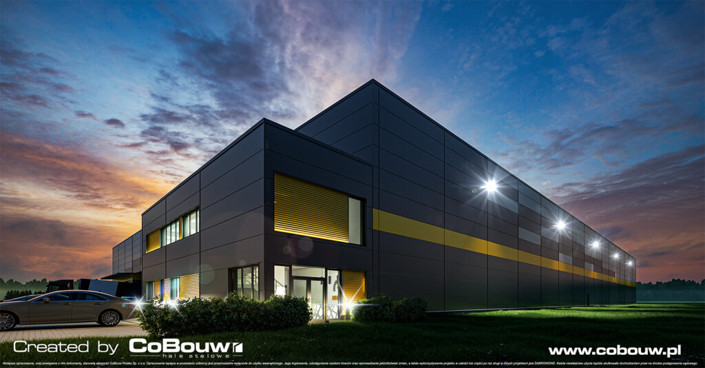 hala dla PLS ONE o zmierzchu, wizualizacja - magazyn, o powierzchni 7.500 m2, Boguchwała, woj. podkarpackie