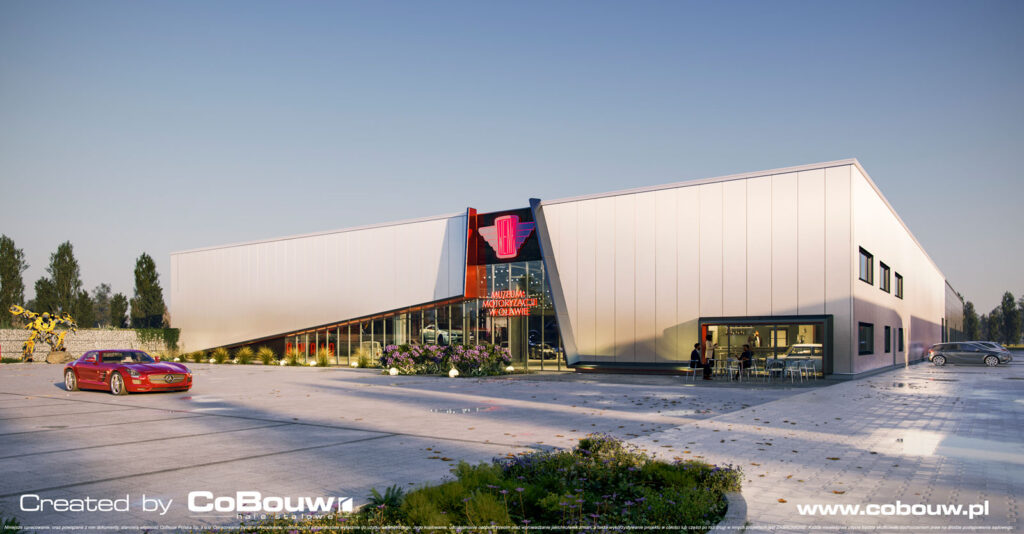 hala ekspozycyjna dla firmy Wena, wizualizacja - projekt i budowa w generalnym wykonawstwie, dla Studio Reklamy Wena, w Oławie, w woj. dolnośląskim