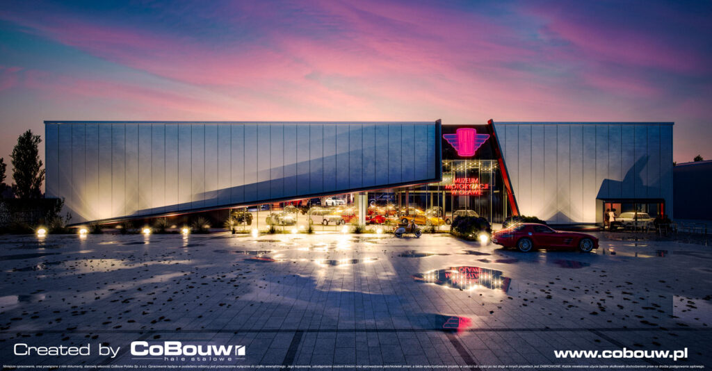 inwestycja Wena, wizualizacja widoku nocnego - hala ekspozycyjna, generalny wykonawca CoBouw Polska, budowa w Oławie, woj. dolnośląskie