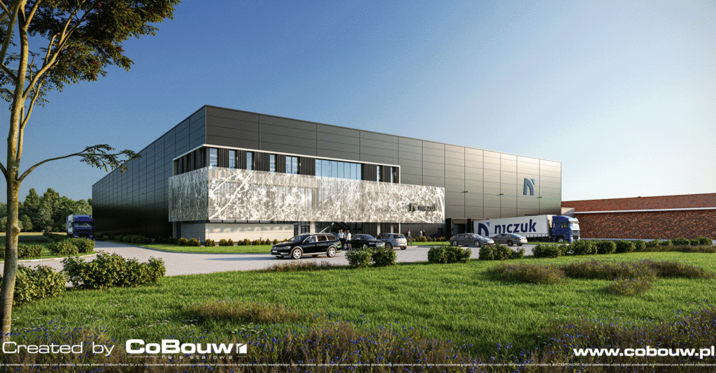 inwestycja z oddali, wizualizacja - hala magazynowa z budynkiem biurowym, dla Thale (dawniej Niczuk), Wilimowo, woj. warmińsko-mazurskie