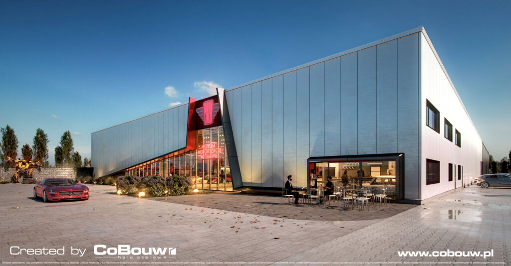 muzeum Wena o zmierzchu, wizualizacja - hala ekspozycyjno-magazynowa, dla branży motoryzacyjnej, Oława, woj. dolnośląskie