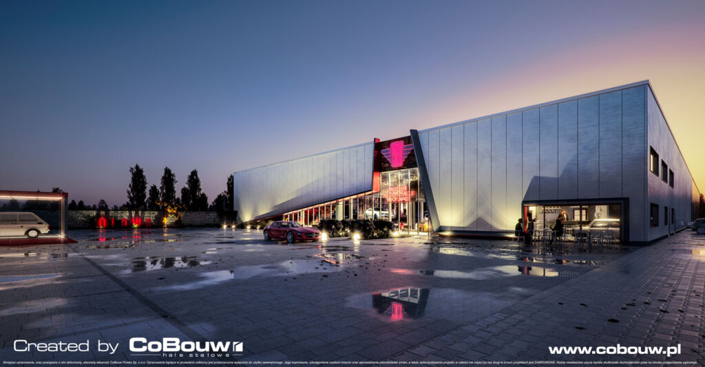 widok nocny hali Wena, wizualizacja - muzeum motoryzacji w Oławie, woj. dolnośląskie