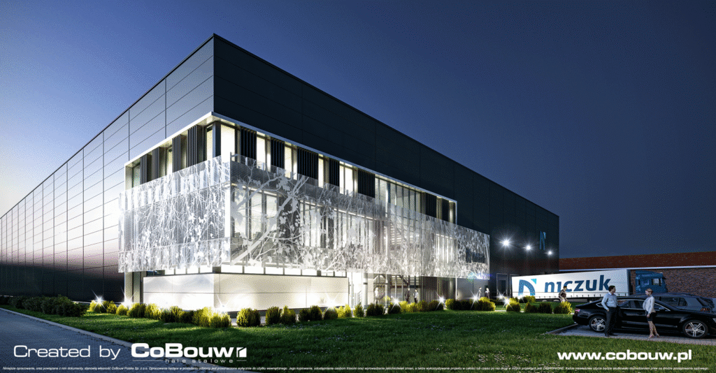 wizualizacja, inwestycja dla Thale widok nocny - magazyn i biurowiec dla branży instalacyjnej, Wilimowo pod Olsztynem, w woj. warmińsko-mazurskim
