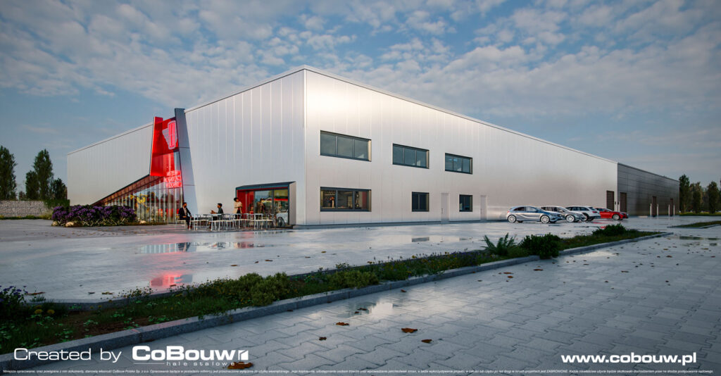 wizualizacja inwestycji dla Weny, widok od strony elewacji bocznej - Studio Reklamy Wena, obiekt ekspozycyjno-muzealny, Oława, woj. dolnośląskie