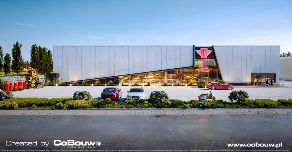wizualizacja muzem motoryzacji, widok z oddali - inwestycja dla Studio Reklamy Wena, branża motoryzacyjna, woj. Dolnośląskie, Oława