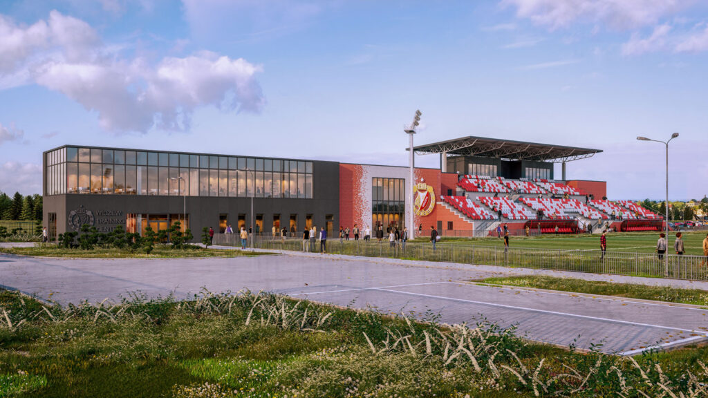 Widok z oddali na nowoczesny obiekt sportowy Widzewa Łódź