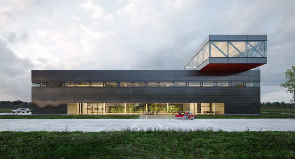 Wizualizacja frontu nowoczesnej hali produkcyjno-magazynowej Graffico w Toruniu, z przeszkloną częścią biurową i wysuniętym modułem na piętrze