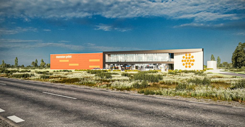 Wizualizacja obiektu przemysłowego Monster Print w okolicach Mielca od strony drogi dojazdowej