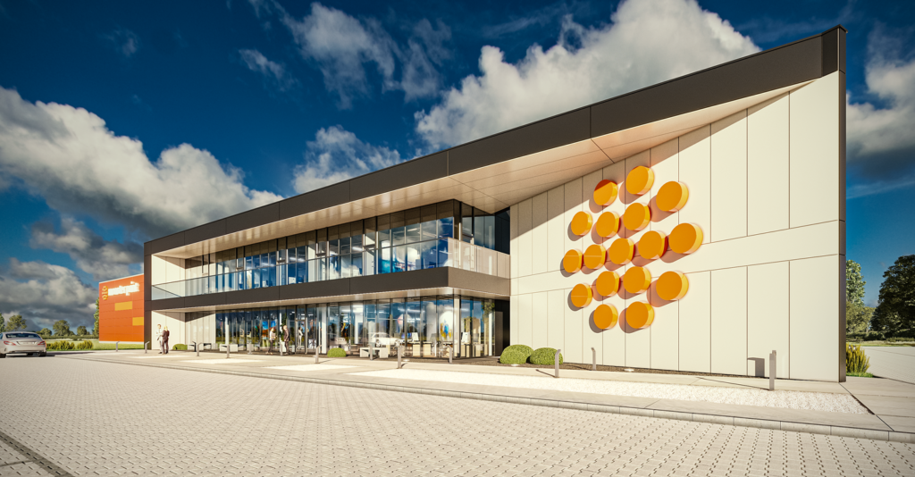 Przedstawiona na wizualizacji część biurowa inwestycji Monster Print