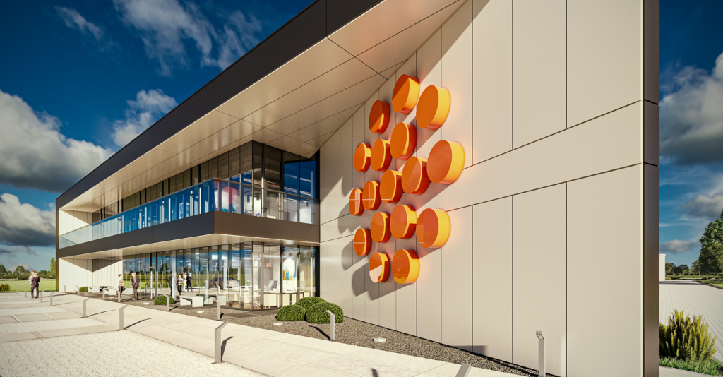 Wizualizacja ściany frontowej budnku biurowego Monster Print z logotypem na elewacji