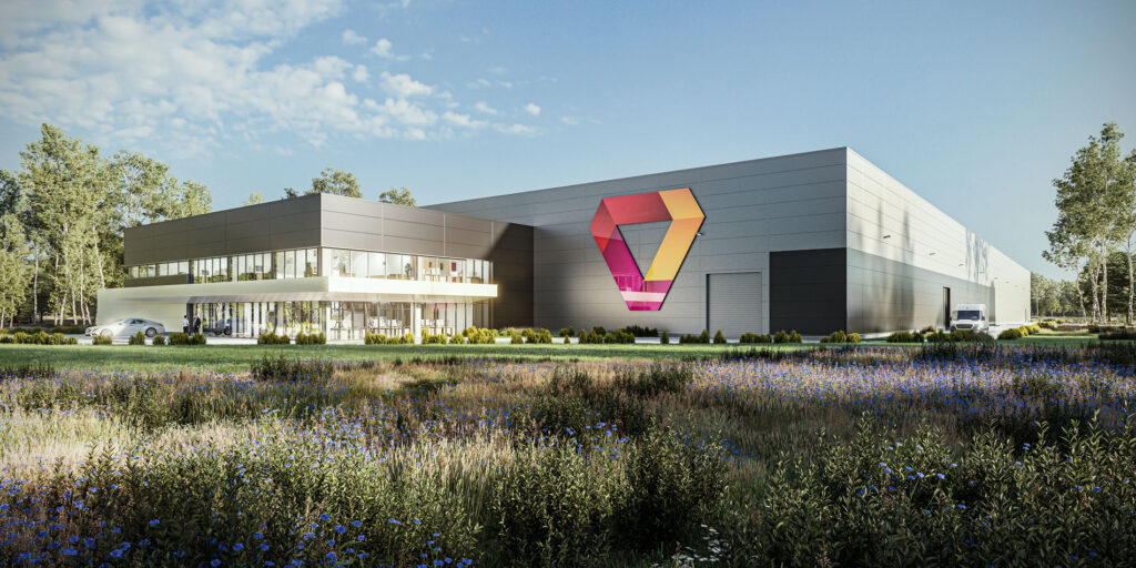 Wizualizacja hali produkcyjnej dla firmy Triol - nowoczesny budynek z przeszkleniami