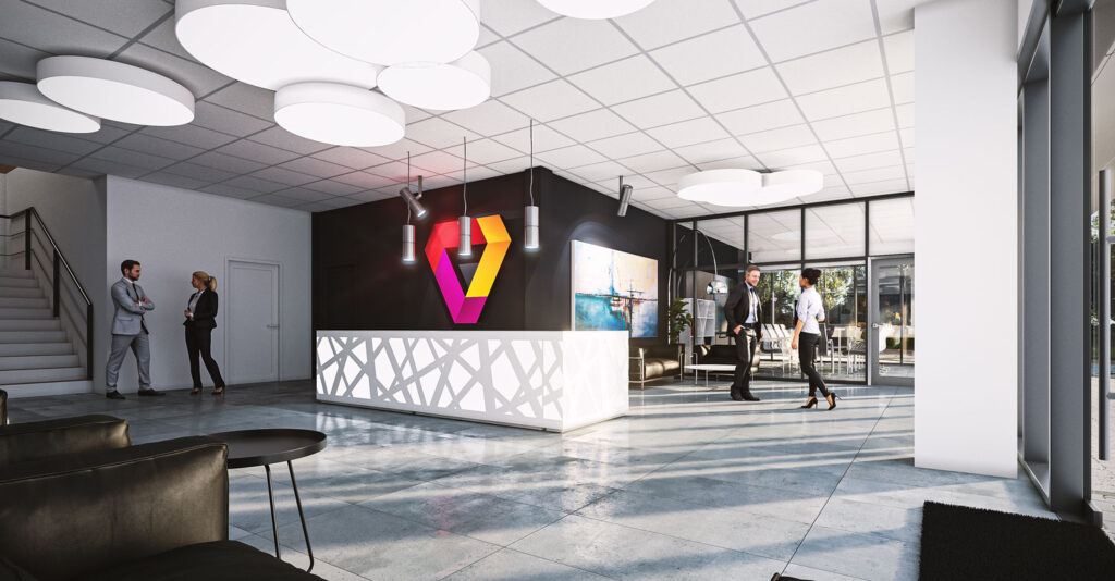 Recepcja w nowej hali produkcyjnej- nowoczesne wnętrze budynku