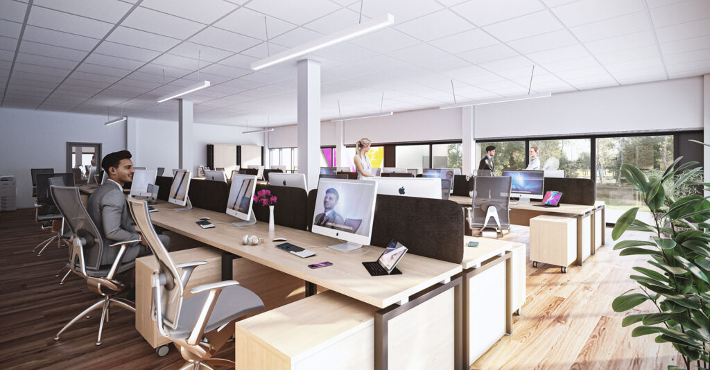 Biuro typu open space w hali produkcyjnej Triol - stanowiska pracy