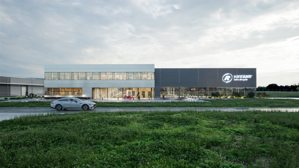 Wizualizacja frontowej elewacji hali produkcyjnej Van Raam w Wykrotach
