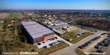 Intap investment, visualization of bird's eye view - production and warehouse space with an office building, Bukowiec, lodzkie province