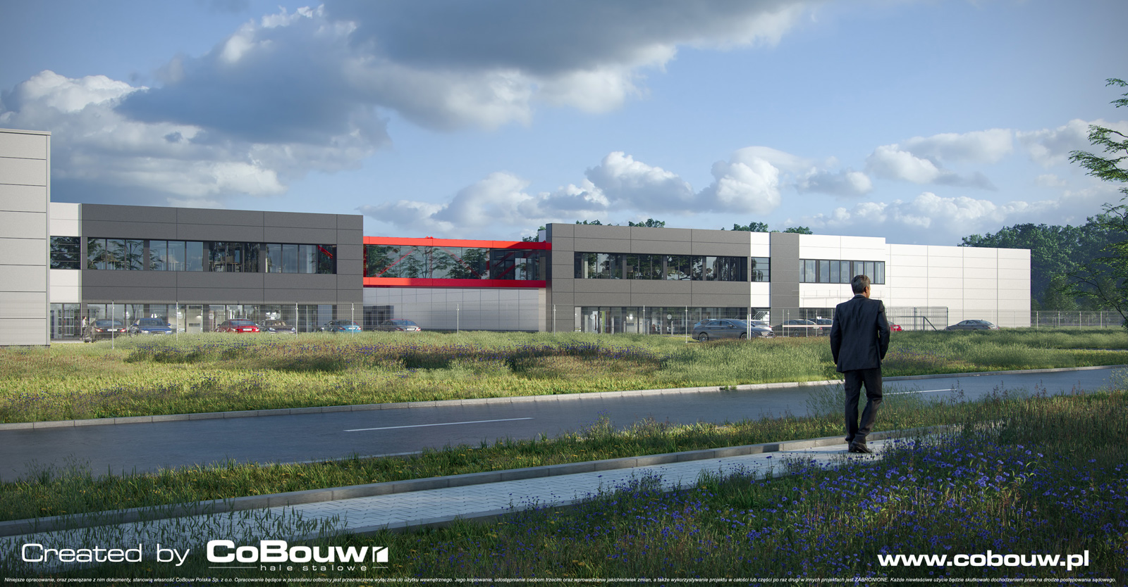 wizualizacja, inwestycja Turenwerke widziana z oddali - hala z budynkiem biurowym, dla Turenwerke, budowa CoBouw Polska, w Stanowicach, w woj. śląskim
